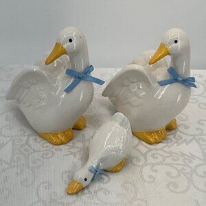 Ceramic Goose Figurine Set With Blue Ribbon Accents